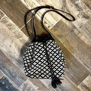 EUC J Jill Black & White Fabric and Leather Bucket Bag
